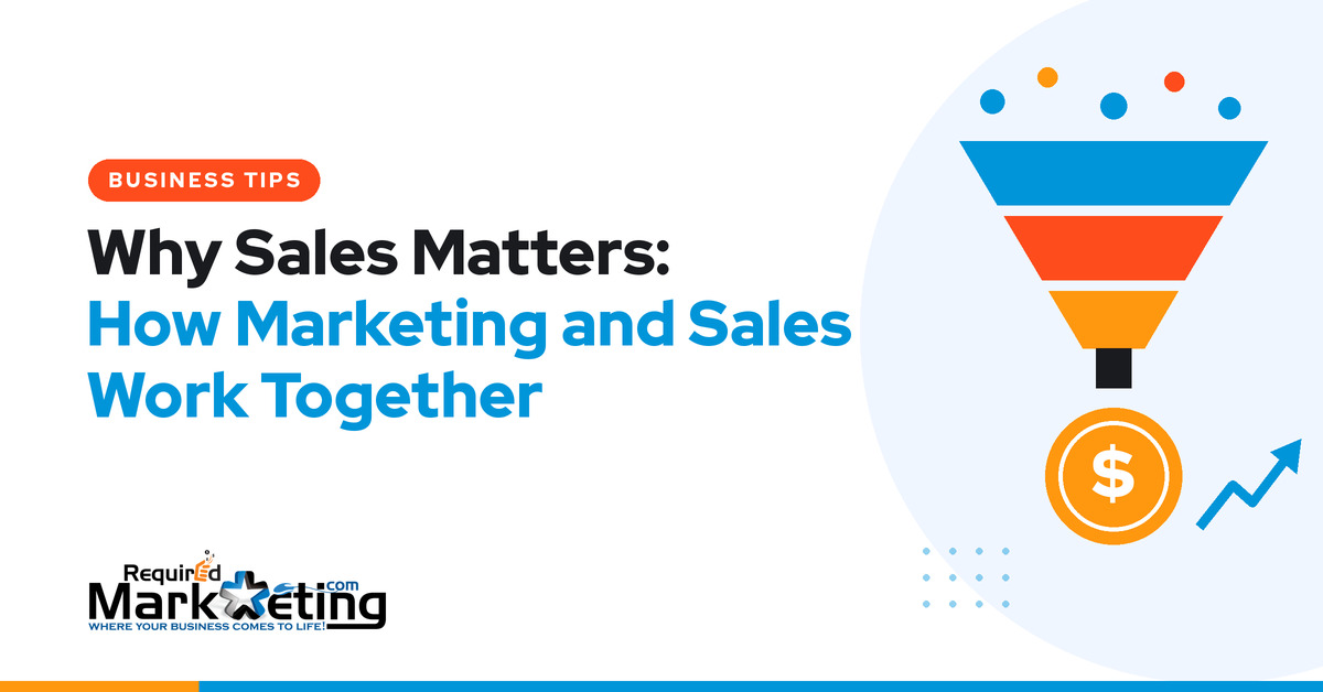 Required Marketing Group Inc. graphic with an orange "Business Tips" label, the headline "Why Sales Matters: How Marketing and Sales Work Together," and a funnel turning colored dots into an orange dollar coin beside a rising blue arrow